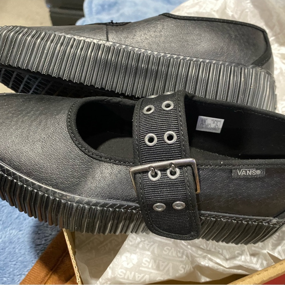Vans Black Mary Jane Creeper Blacked Out Platform Sneakers with Buckle Strap